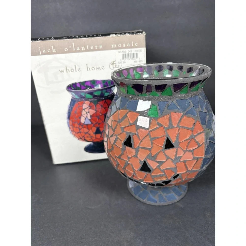 Vintage Whole Home Mosaic Jack O Lantern Hurricane Candle Holder Halloween 7